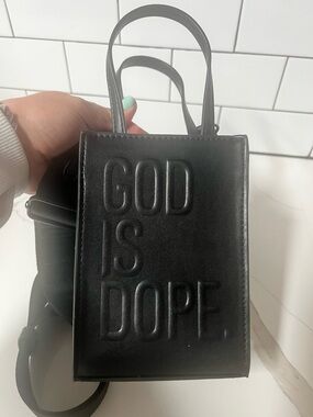 God Is Dope Mini Structured Tote Crossbody Bag Black Embossed Logo